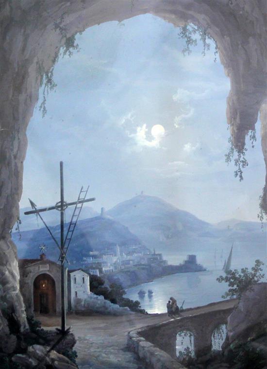 19th century Neapolitan School Italian coastline under moonlight, 23.5 x 16in.